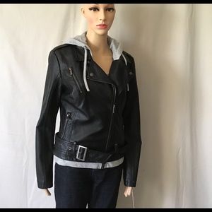 Classic Motorcycle Leather Jacket w/ Hoodie NWT